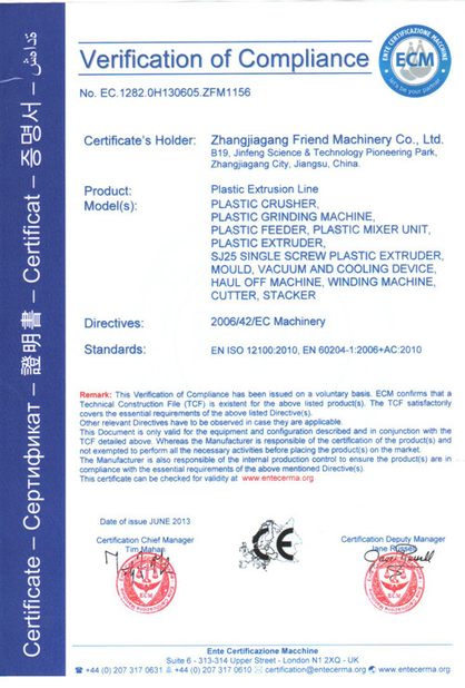 Porcellana Zhangjiagang Friend Machinery Co., Ltd. Certificazioni